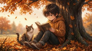 Аніме-дитина читає книгу з котом під деревом восени.