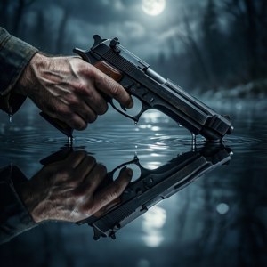 Симетричное отражение руки, держащей пистолет, в воде. — Tecno Phantom Шпалери