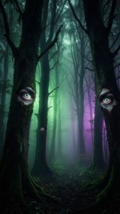 Світні очі спостерігають із темного, туманного лісу. — Трипована темна естетика Шпалери
