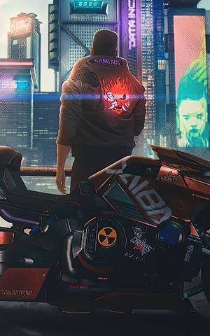 Парень в куртке в Cyberpunk для Android — Galaxy Tab Active5 Шпалери