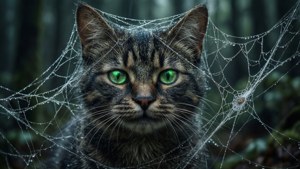 Чеширський кот, запутавшийся в паутине с світящимися очами. — Чеширський кіт Шпалери