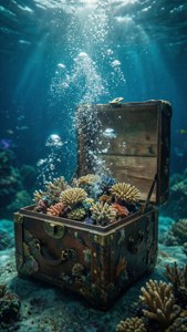 Коробка, открытая под водой, с пузырьками и коралловым рифом внутри, сюрреалистическая океаническая тема. — iPhone 5 Шпалери