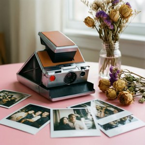 Мягкий пастельный натюрморт с винтажной камерой Polaroid и фотографиями