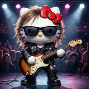 Hello Kitty виступає на сцені зі своєю гітарою.