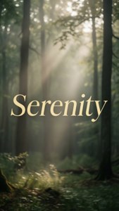 Бледно-золотистий напис «Serenity» над туманним лісом с променями світла, спокойная природная естетика. — Естетичні слова Шпалери