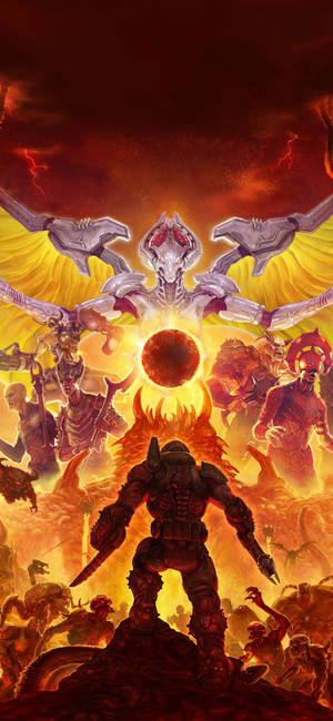 Обои с артом Doom Eternal: Палач Рока против Кхан Майкр и миньонов.
