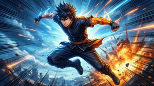 Такемічі стрибає в дію з контрастом синього та оранжевого у стилі Tokyo Revengers. — Токійські месники Шпалери