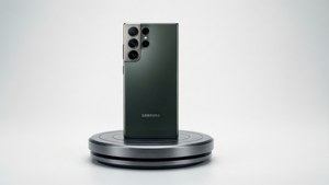 S24 Ultra у студійному продакшн-знімку на п'єдесталі, чисте біле тло.