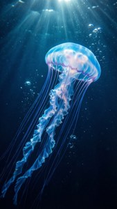 Сяюча блакитна медуза у глибокому темно-синьому підводному світі. — Темно-синя естетика Шпалери