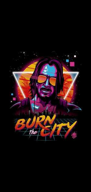 AMOLED-обои с цифровым артом Кіану Ривза и слоганом BURN THE CITY. — iPhone 12 Pro Шпалери