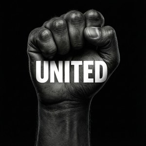 Черный кулак с текстом «UNITED», типографический стиль. — True Black Шпалери