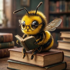 Чарми Би читает книгу среди стопок книг. — Pixel Watch Шпалери