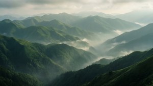 Слоистые зеленые холмы, окутанные туманом, вызывающие чувство величия и спокойствия. — Зелена естетика Шпалери