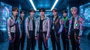 Kpop-бойз-бенд в стиле киберпанк в футуристической обстановке. — Kpop гіф Шпалери