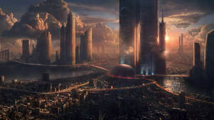 Обои «Футуристический индустриальный город» — 2560x1440 Шпалери