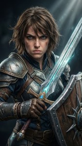 Героический крупный план гравця с легендарным мечом и щитом