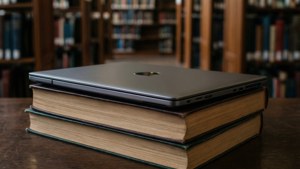 Хромбук, що лежит на книгах в бібліотеці, ідеально підходить для тем, пов'язанных с навчаннем.