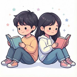Клипарт двух друзей, читающих спина к спине на звездном фоне. — Huawei nova Flip Шпалери