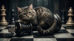 Чеширский кот, развалившийся на шахматной фигуре в драматической сцене. — Чеширський кіт Шпалери
